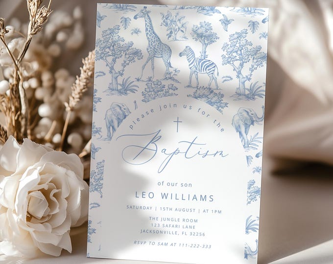 Toile Blue Boy Baptism invitation, Blue Chinoiserie Safari Christening invitation, Digital Online Christening invite #toi1