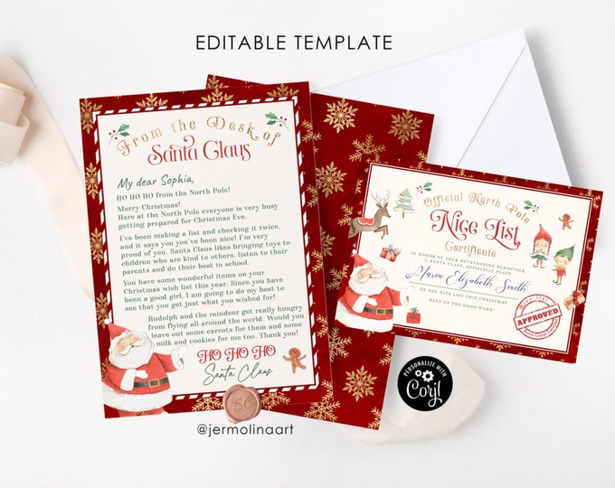 Editable Letter from Santa and Nice list Certificate bundle. Approved Letter from Santa template. Instant Download #ch1