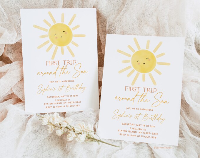 First trip around the sun birthday invitation. Gender neutral first birthday boho sun birthday invitation #s2