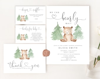 We can bearly wait Baby Shower Invitation bundle. Woodland baby shower invitation bundle. Boy Baby Shower Invitation set.  #w2