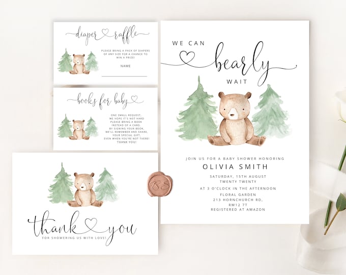 We can bearly wait Baby Shower Invitation bundle. Woodland baby shower invitation bundle. Boy Baby Shower Invitation set.  #w2