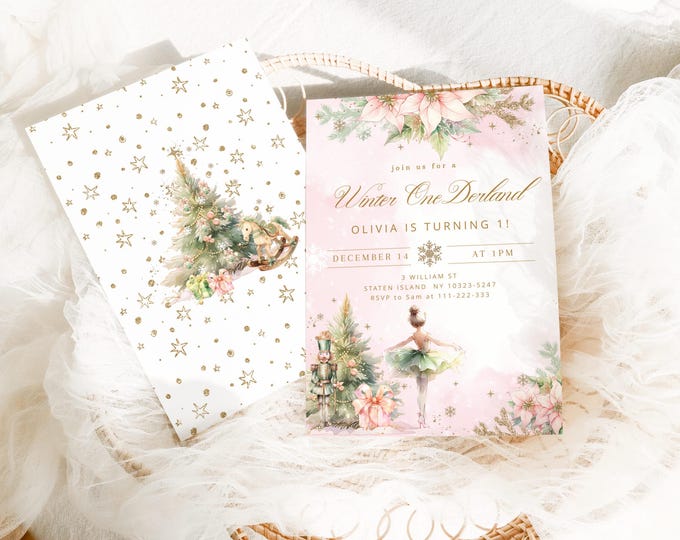 Winter Onederland 1st Birthday invitation, Nutcracker Pink Gold Editable Corjl Template #mn1