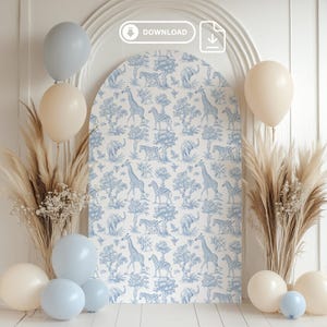 Cenário para chá de bebê Safari Toile de Jouy. Cenário para arco Safari azul Chinoiserie. Decoração para chá de bebê Safari Toile de Jouy #toi1
