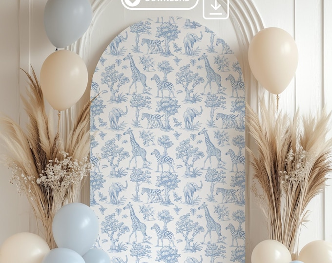 Toile de jouy Safari Baby shower Backdrop. Chinoiserie Blue Safari Arch Backdrop Toile Safari baby shower decoration #toi1