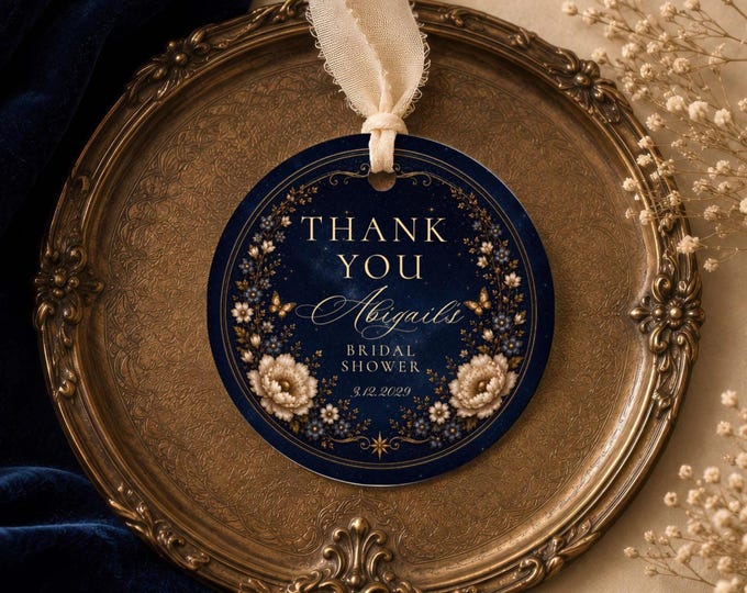 New Chapter Navy Vintage Bridal shower round tag template Fantasy Acotar #ac1