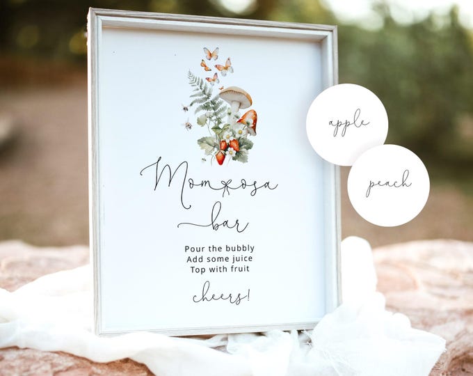 Mushroom Mom-osa Bar Sign, Wild mushrooms Bubbly Bar Sign. Little mushroom fall Baby Shower Decor.  Momosa bar juice tags #mush1