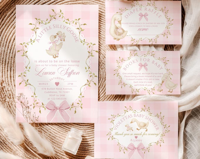 Pink Gingham Silly Goose Baby Girl Shower Invitation Bundle: Whimsical Bow Corjl Template #sg8
