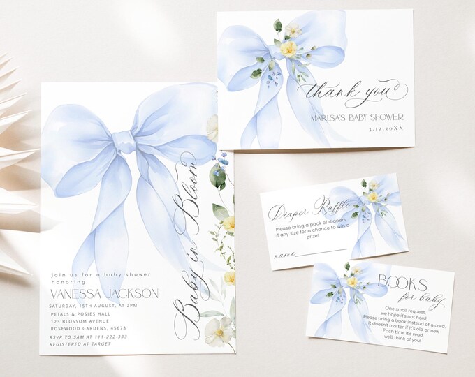 Baby in Bloom Baby Boy Shower Invitation bundle. Editable Blue Bow wildflower baby shower invitation bundle, Elegant Baby Boy shower #bow4