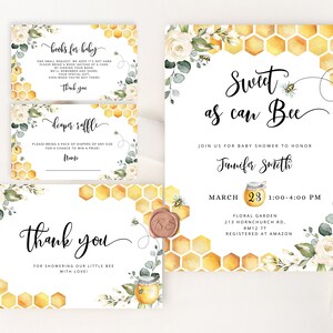 May include: A baby shower invitation with a honeycomb pattern and floral accents. The invitation reads "Sweet as can Bee" and includes the date, time, and location of the event. The invitation also includes the name of the guest of honor, Jennifer Smith.