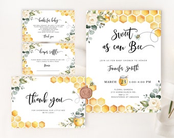 Sweet as can bee baby shower Invitation bundle. Bee baby shower invitation. Honey baby shower printable pack. Books for baby #bee