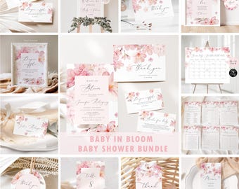 Baby in Bloom baby shower bundle. Sakura blush pink elegant Baby Shower invitation bundle. Pink baby girl shower bundle. Corjl template #s1