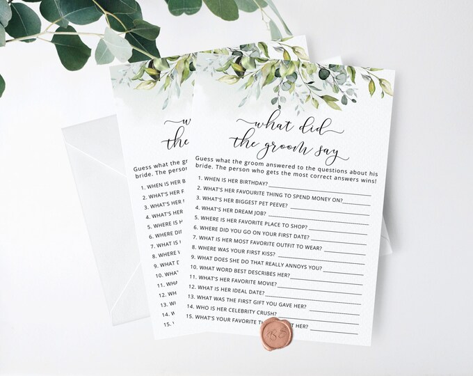 Greenery What did the groom say game. Eucalyptus What did he say Bridal Shower Game.  Instant Download #01