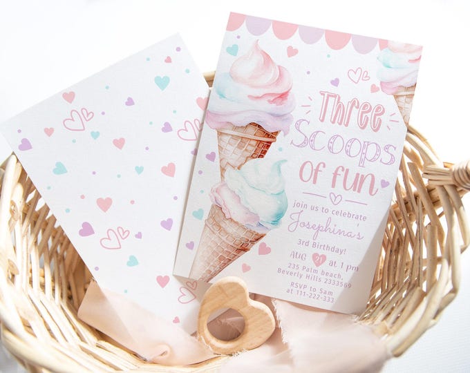 Three scoops of fun birthday invite. Pastel ice cream 3rd birthday invitation. Cute girl ice cream birthday invite. Corjl template #ice1