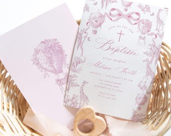 Toile Pink Girl Baptism invitation, Pink Chinoiserie Safari Christening invitation, Digital Online Christening invite #toi3