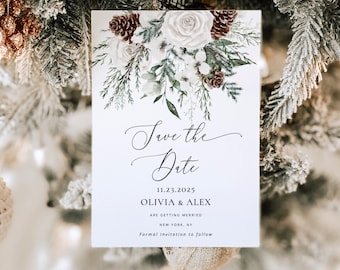 Evergreen save the date invitation. Holiday Christmas Save the date invite #ev1
