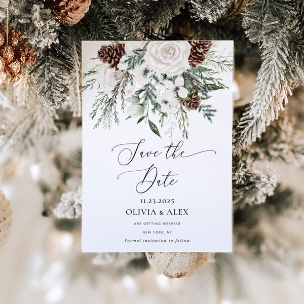 Evergreen save the date invitation. Holiday Christmas Save the date invite #ev1