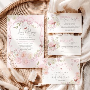 Paquete de invitaciones para baby shower con diseño floral de mariquitas y rayas rosas (n.° wl8)
