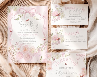 Love Bug Floral Baby Shower invitation Bundle | Ladybug Pink Stripes wildflower pack #wl8