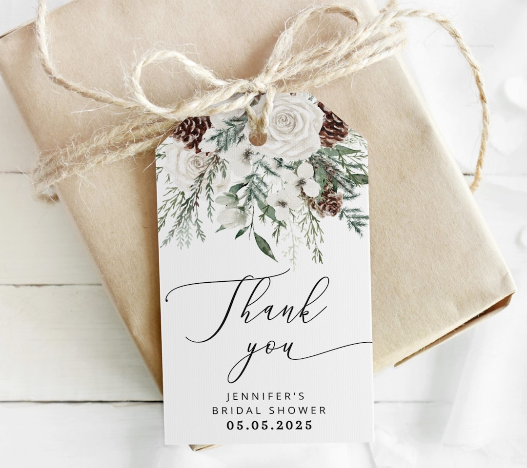 Winter Bridal Shower Favor Tag Template. Evergreen Thank You Tag ...