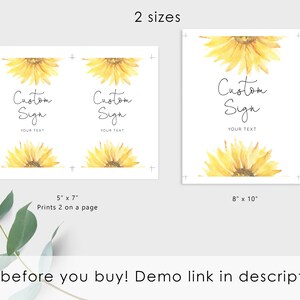 Sunflower Custom Sign Template, Rustic Wedding or Bridal Shower Table Sign. Create Your Custom Sign. Instant Download #sun1 image 2