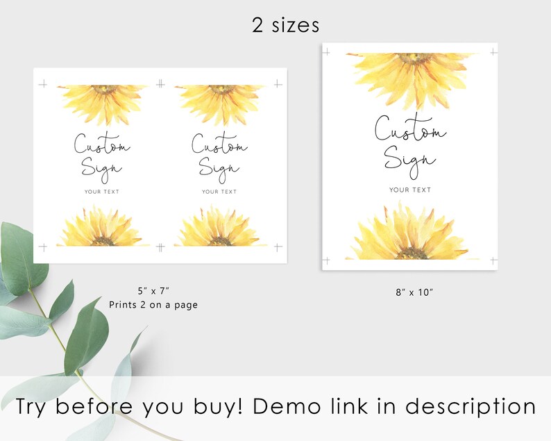 Sunflower Custom Sign Template, Rustic Wedding or Bridal Shower Table Sign. Create Your Custom Sign. Instant Download #sun1 image 2