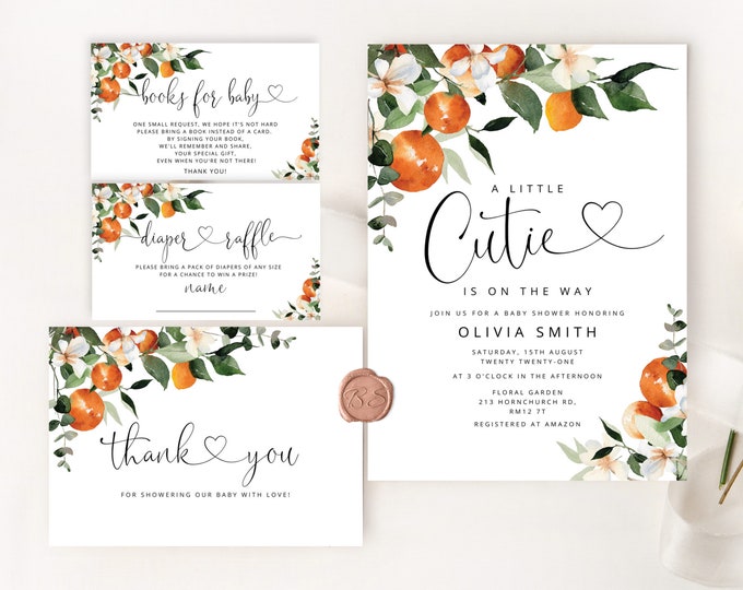 A little cutie is on the way baby shower invitation bundle. Editable Little cutie baby shower invitation. Citrus baby shower #or2