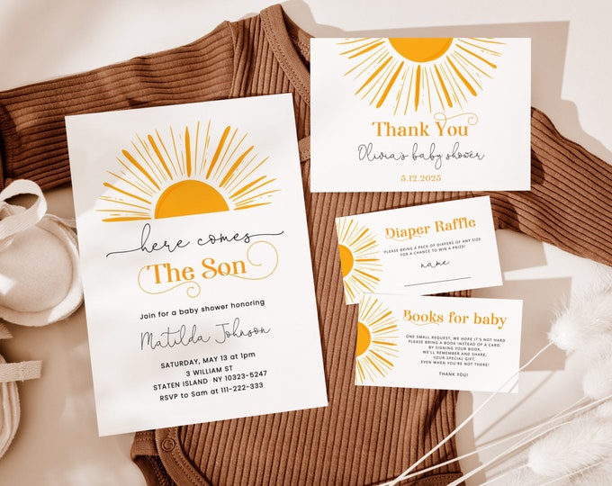 Here comes the son Invitation bundle. Editable boho sun baby shower printable pack. Sun Books for baby, diaper raffle #s3