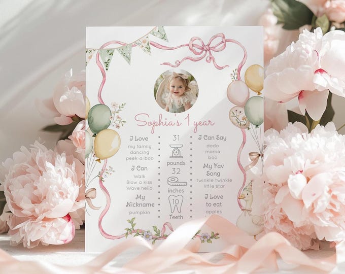 One Silly Goose Pink Bow 1st Photo Milestone, Girl 1st Birthday One Silly Goose Milestone, Goose Bow frame Birth Infographic Corjl  #sg3