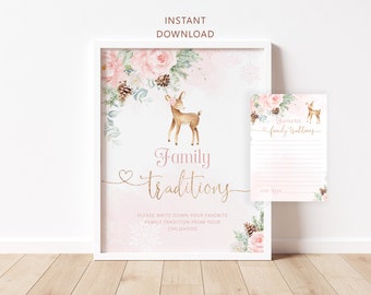 Winter family traditions sign and card. Blush pink deer favorite family tradition birthday party activity. Instant Download #wb6
