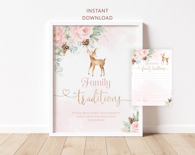 Winter family traditions sign and card. Blush pink deer favorite family tradition birthday party activity. Instant Download #wb6