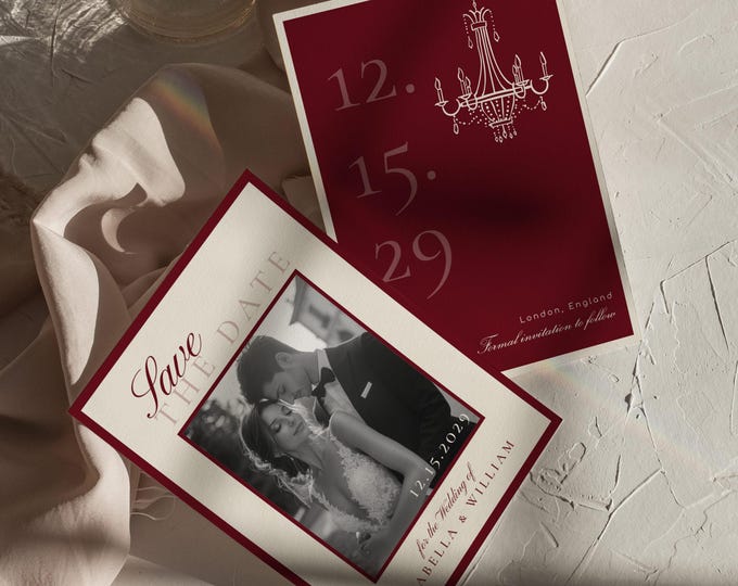 Luxury Old money Photo Save the Date, Deep burgundy timeless Corjl template #om1