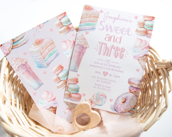 Sweet and Three 3rd birthday invitation. Pastel sweets  macarons birthday invitation. Three is sweet birthday invitation. Corjl #ice1