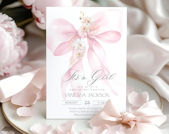 Pink Bow It's a girl baby shower invitation. Elegant Bow baby girl Shower invitation. Baby in Bloom bow sakura baby shower invitation #bow2