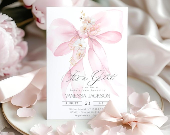 Pink Bow It's a girl baby shower invitation. Elegant Bow baby girl Shower invitation. Baby in Bloom bow sakura baby shower invitation #bow2