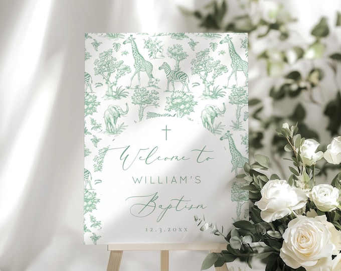 Toile Safari Baptism Welcome Sign: Sage green Animals (Digital Editable Template) #toi2