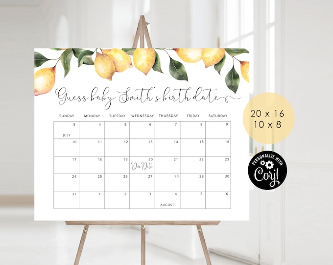 Lemon Guess the due Date calendar. Citrus Guess The Baby Birthday Game. Watercolor lemons guess due date sign. Corjl Instant download #lm1