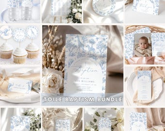 Toile Baby Boy Baptism bundle. Blue Toile de Jouy Safari Baptism invitation bundle. Chinoiserie  Boy Baptism Corjl Editable templates #toi1