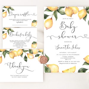 Lemon Baby Shower Uitnodiging. Elegante citrus Baby Shower Uitnodiging set. Citroen boeken voor baby, luier verloting, dank u kaart #lm1