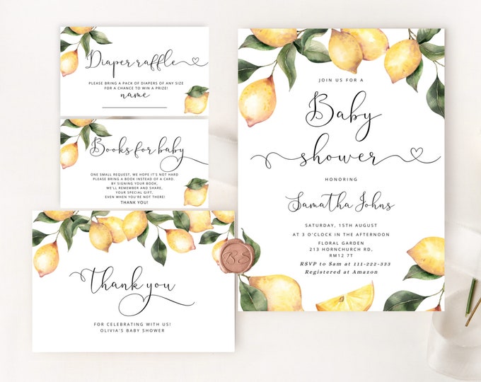 Lemon Baby Shower Invitation. Elegant citrus Baby Shower Invitation set. Lemon  Books for baby, diaper raffle, thank you card #lm1