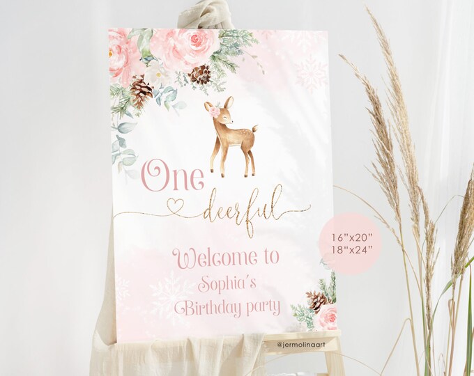 Onedeerful birthday welcome sign template. Winter baby deer blush pink welcome sign. Corjl template #wb6