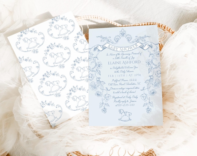 Editable Toile de Jouy Rocking horse Baby shower invitation. French style Blue minimalist toy baby shower invite. Corjl template #tb1