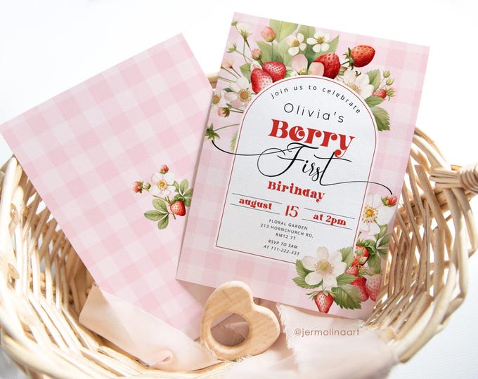 Berry first birthday invite. Strawberry first birthday invitation. 1st birthday girl invite Corjl editable template #ber2
