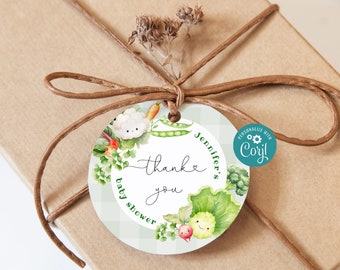 Locally grown baby shower round thank you tag. Gender neutral farmers market thank you circle tag template. Corjl template #loc1