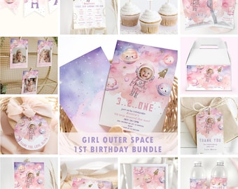 Editable Outer Space girl 1st Birthday bundle.  Pink Girl 1st Trip around the Sun Photo Astronaut Birthday Invitation bundle #sp2