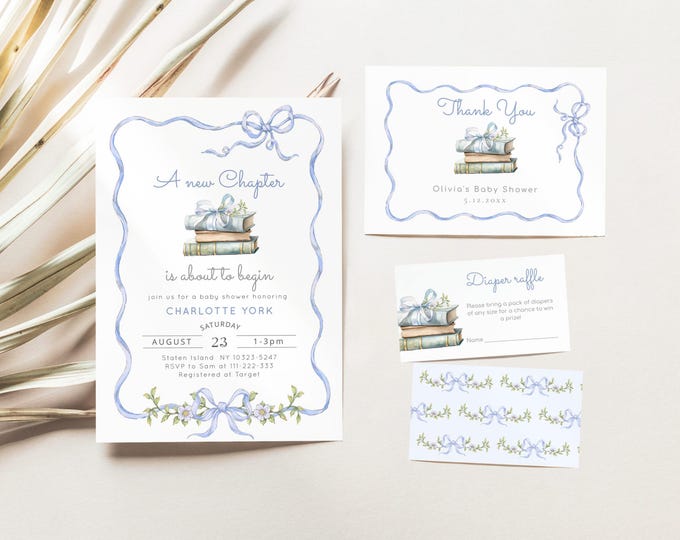 Blue Bow Baby Shower Invitation Bundle: Bow Storybook Theme (Digital) #bl2