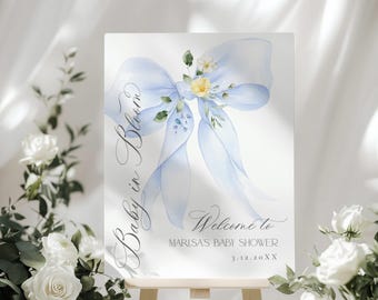 Blue bow Baby in Bloom Welcome sign, Blue floral Bow Baby shower Welcome sign template, Blue Bow Welcome sign Corjl template #bow4