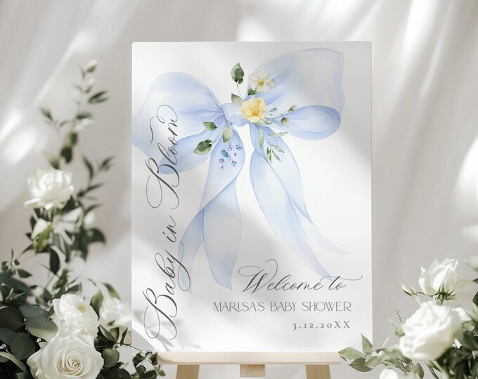 Blue bow Baby in Bloom Welcome sign, Blue floral Bow Baby shower Welcome sign template, Blue Bow Welcome sign Corjl template #bow4