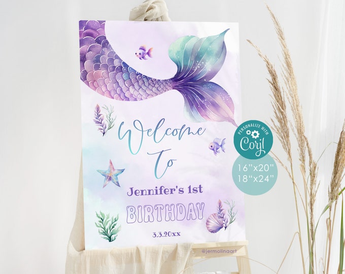 Under the sea birthday welcome sign. Purple little mermaid tail birthday welcome sign. Mermaid birthday welcome template #mer1
