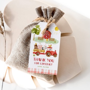 Editable Farm Animals Favor Tag. Red farm thank you tag. Red Tractor birthday Favor tag #f1