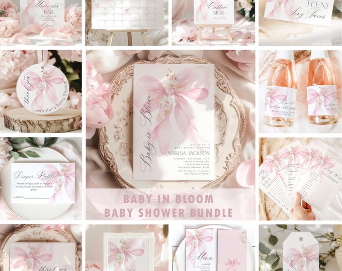 Baby in Bloom Pink Bow baby shower bundle. Floral blush pink Bow shower invitation bundle. Editable elegant baby girl shower bundle #bow2